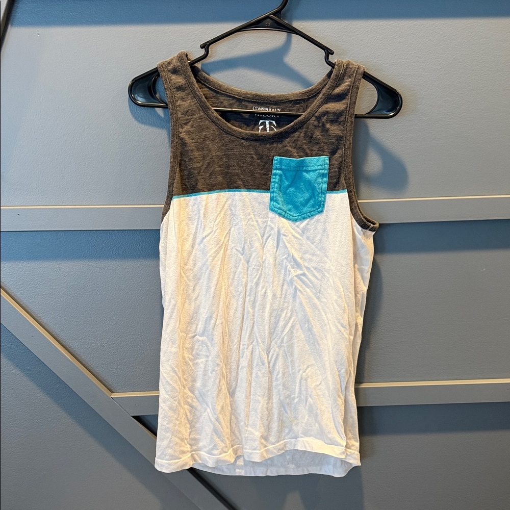 Men's Gray and White Tank Top with Blue Pocket